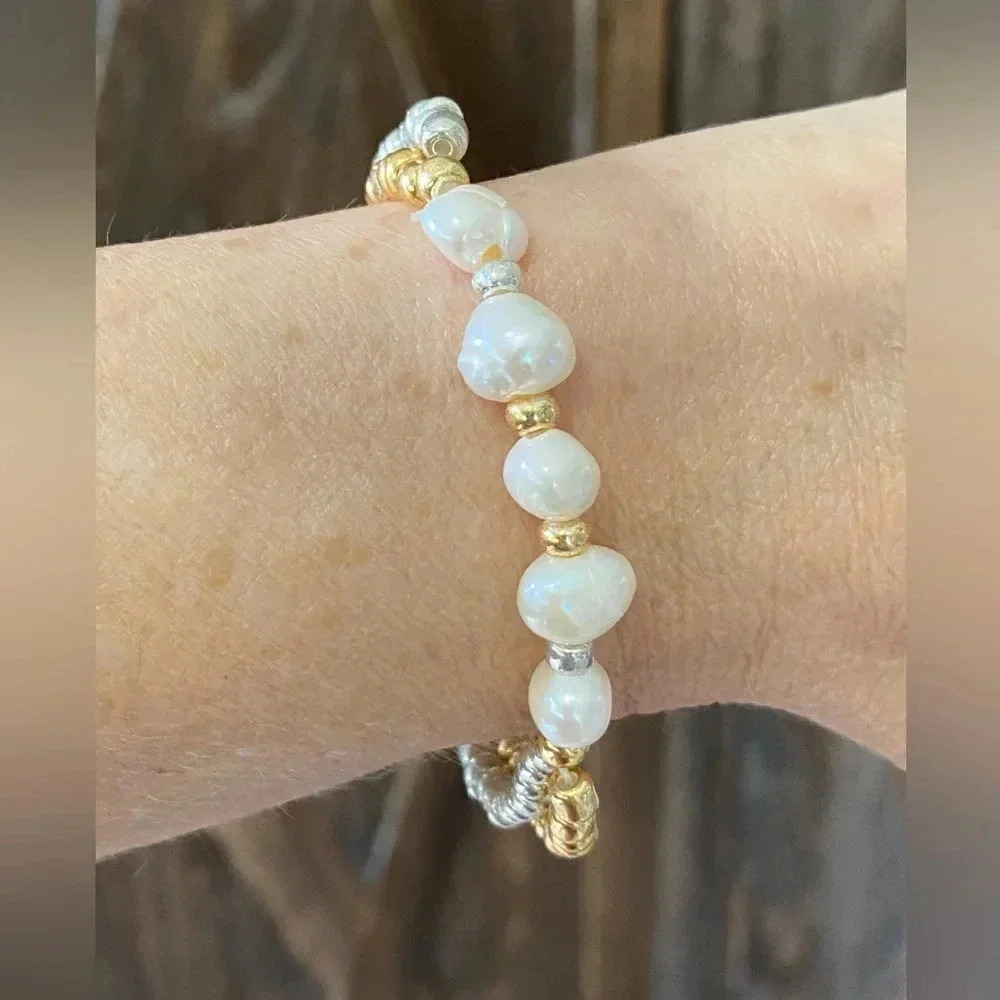 Handmade Real Freshwater Pearl Silver & Gold Stretch Bracelet